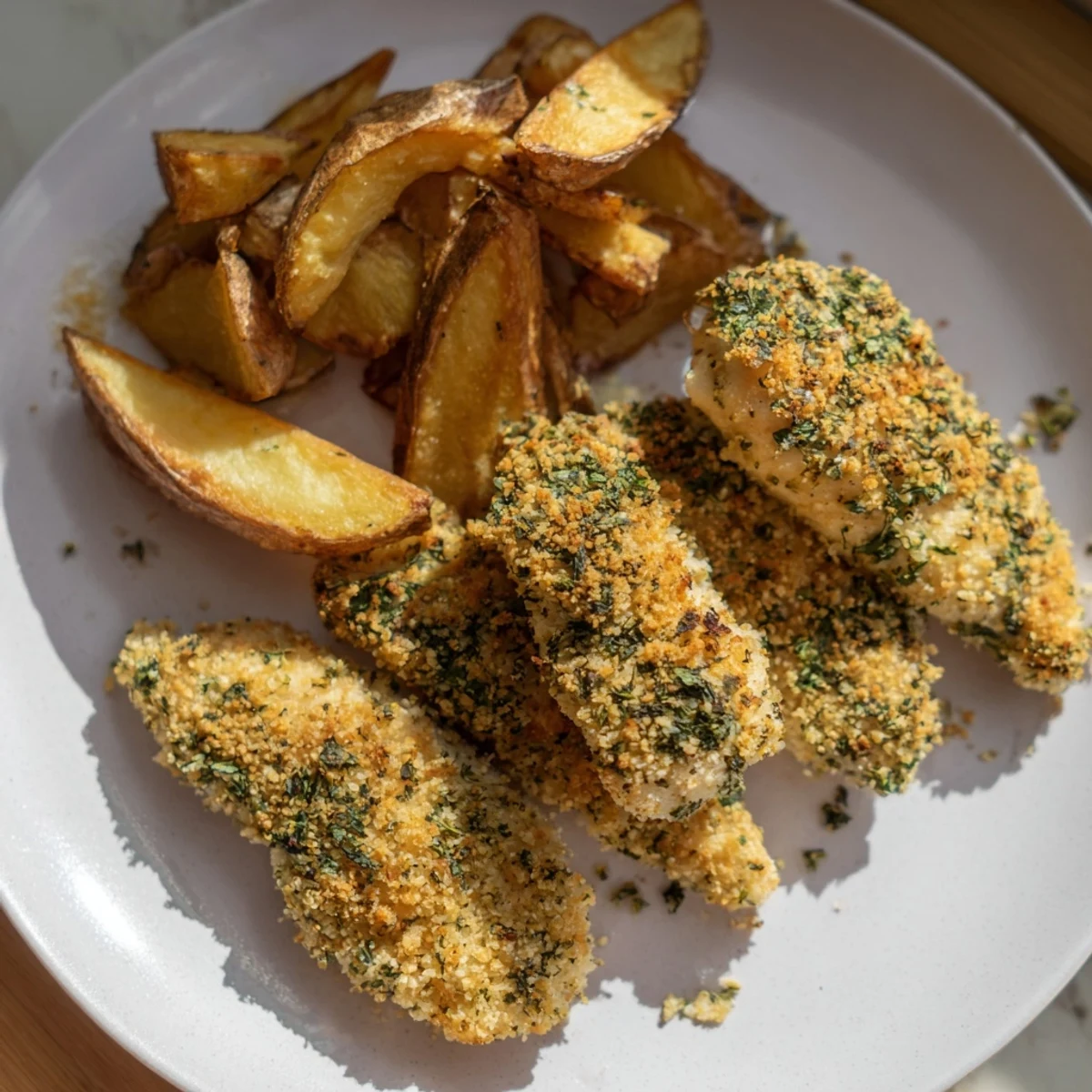 Imagine tender herbed chicken tenders paired with crispy potato wedges, a comforting American classic for all.