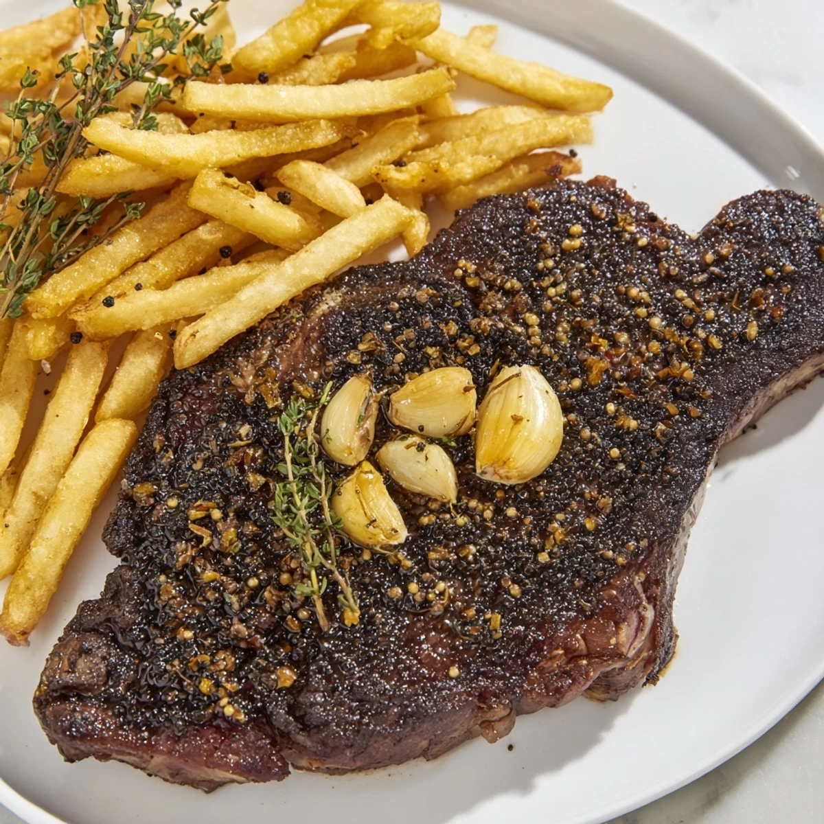 These beautifully plated Classic Peppercorn Ribeyes and crispy fries offer an appealing, hearty meal.