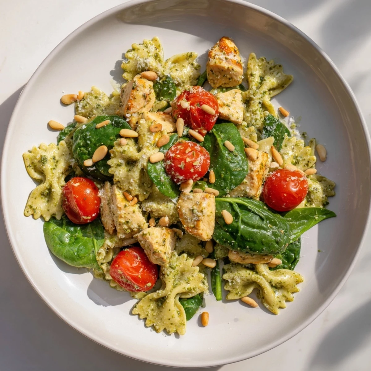 Vibrant pesto chicken bowtie pasta, a comforting Italian-American meal with creamy basil sauce.