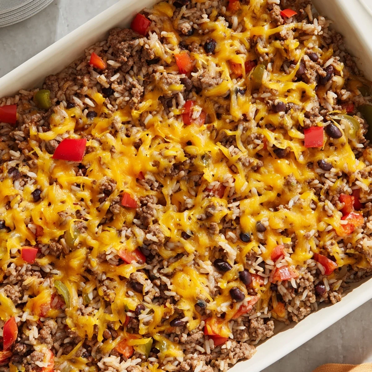 Tex-Mex Beef & Rice Casserole bubbling with melted cheese, promising a warm, flavorful dinner.