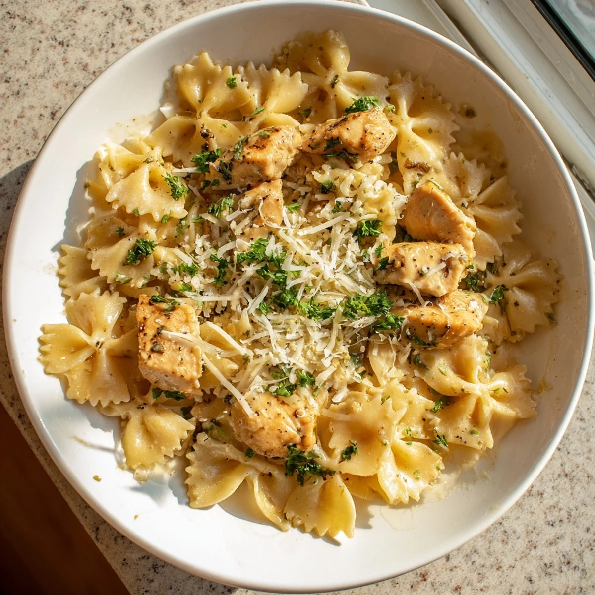 Mozzarella Garlic Butter Chicken Bowties, creamy pasta with melted cheese and golden chicken.