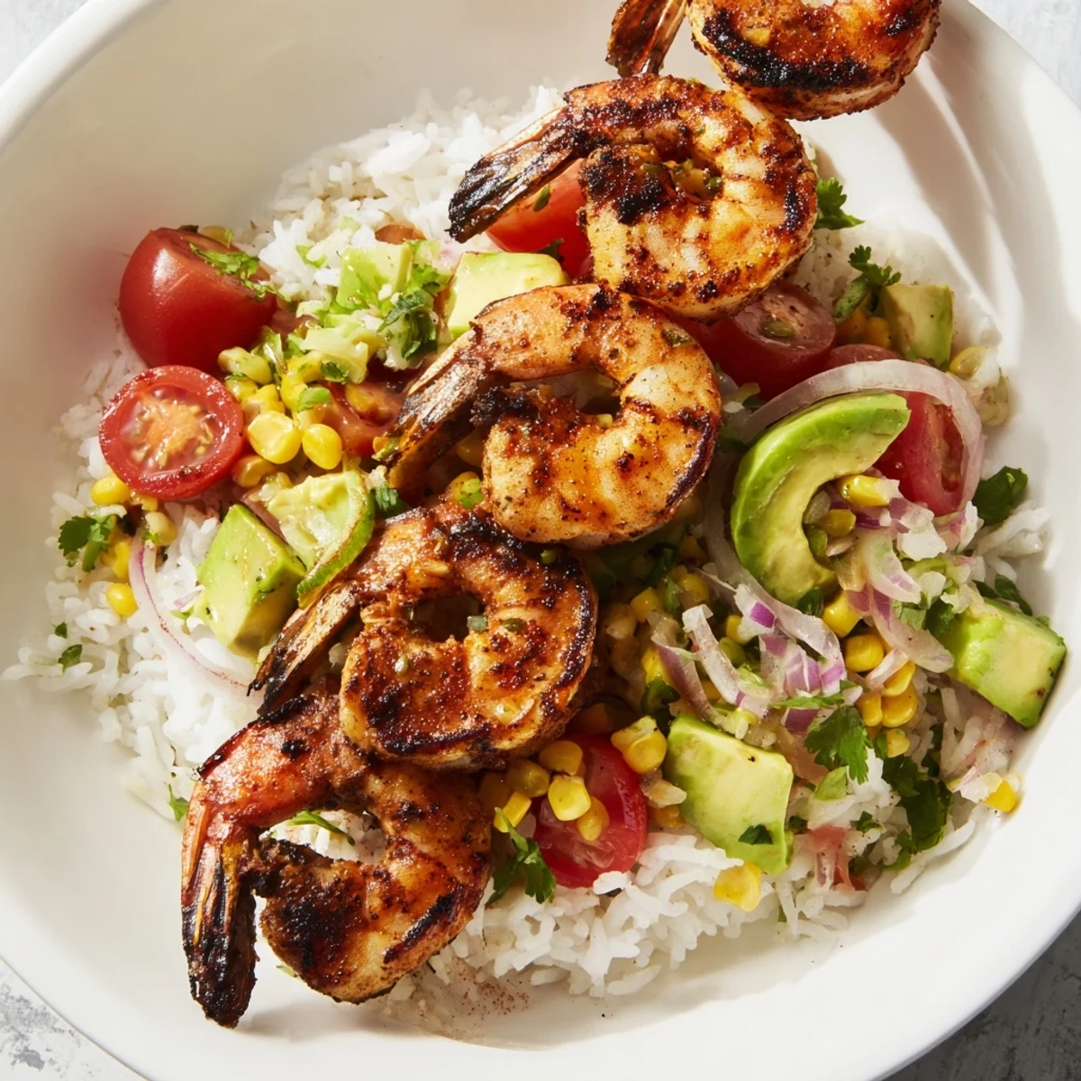 Sizzling, grilled shrimp topping a fresh Easy Grilled Shrimp Bowl with Avocado Corn Salsa on a bed of fluffy rice.