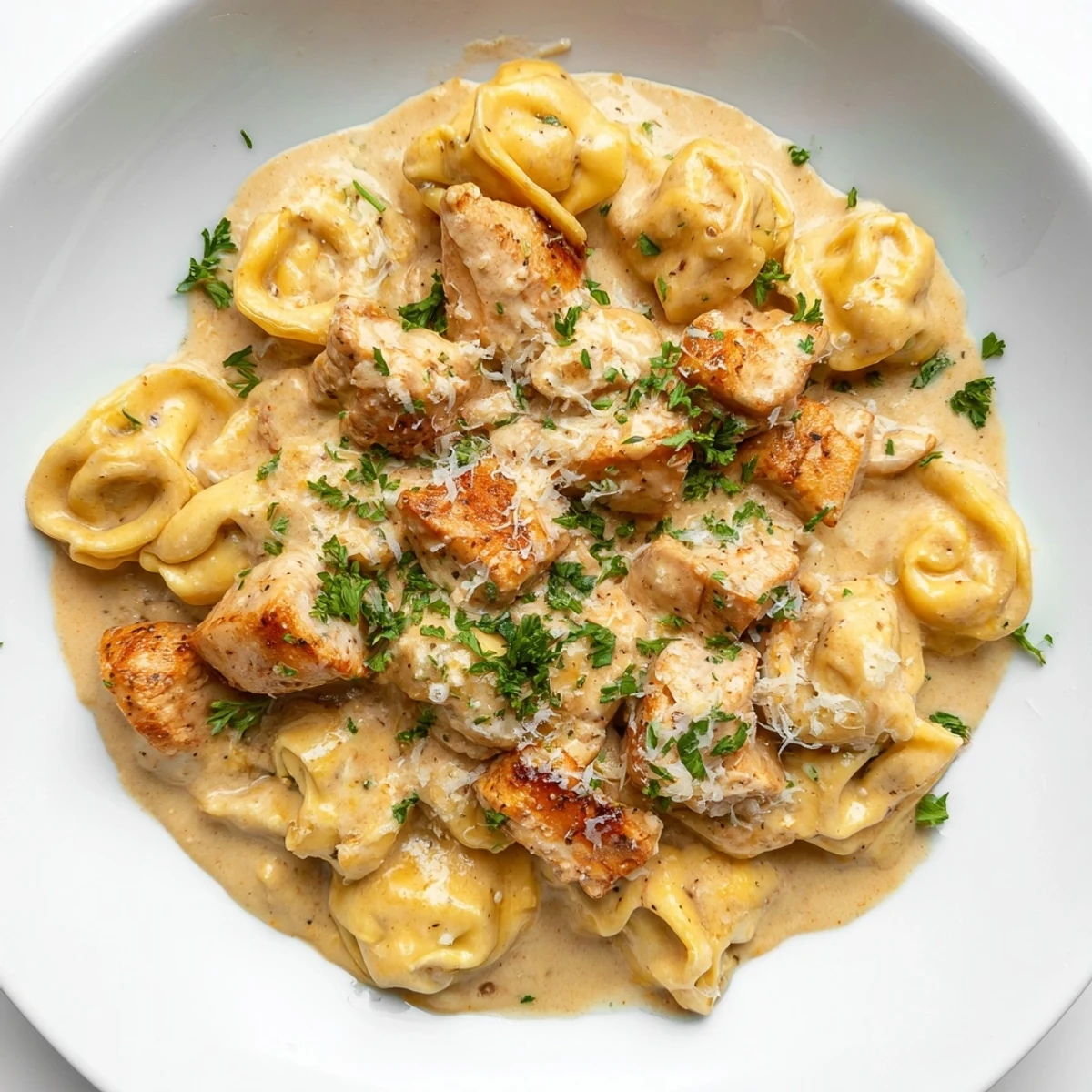 A skillet brimming with delicious Zesty Cajun Garlic Parmesan Chicken Tortellini, ready for a flavorful bite.