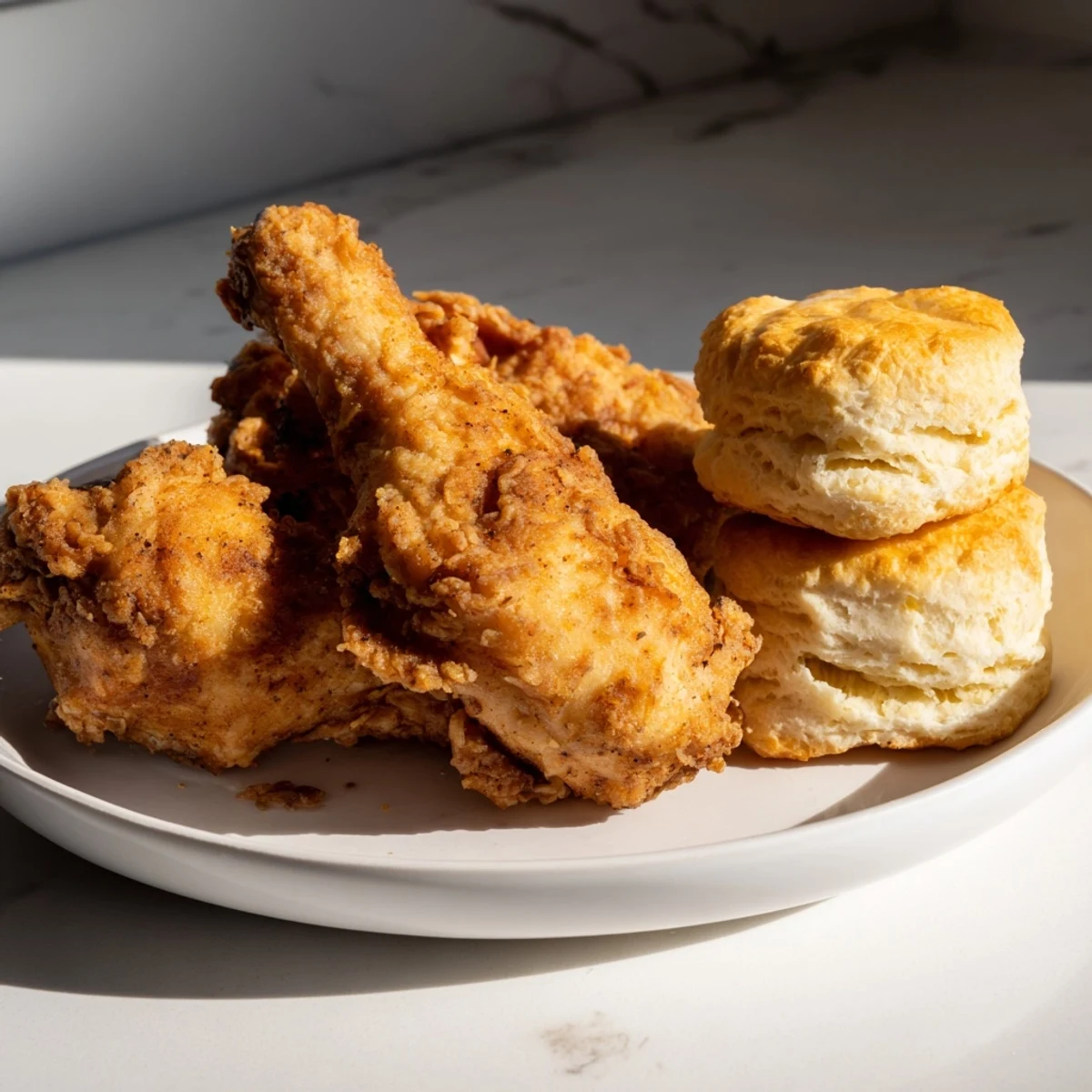 Golden, crispy Southern fried chicken and warm buttermilk biscuits, a delicious family-style meal.