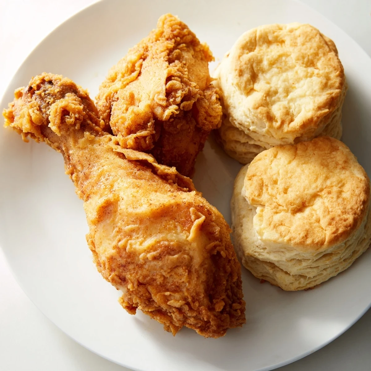A close-up of perfectly cooked Southern fried chicken and soft buttermilk biscuits, ready to be enjoyed.