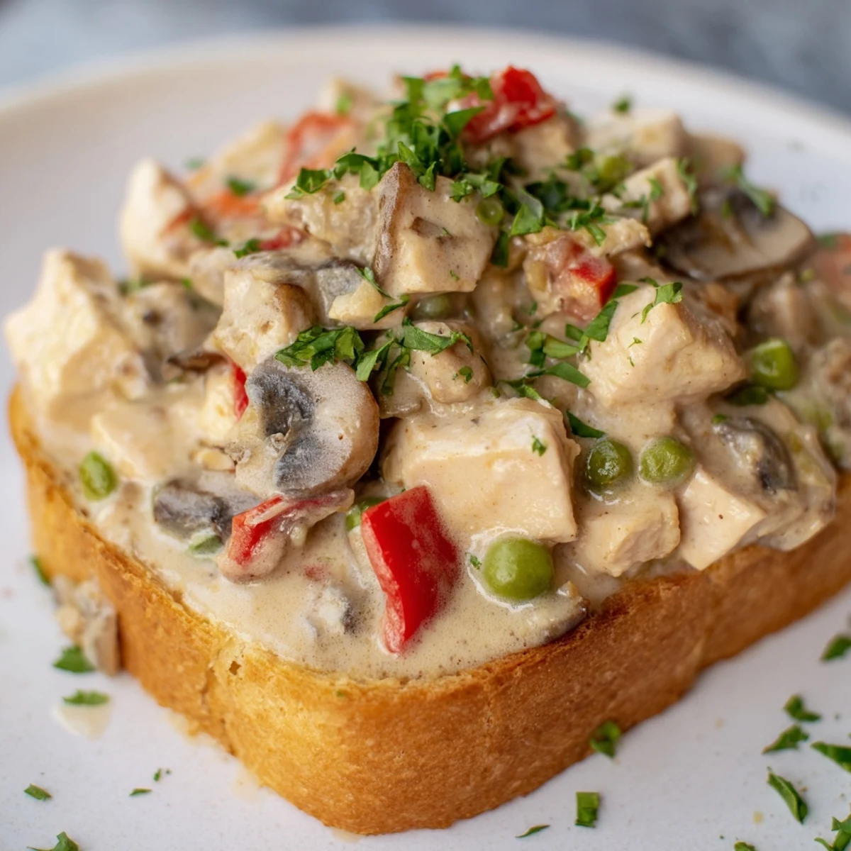 Creamy, flavorful chicken à la king, a comforting American classic, served beautifully atop golden toast.