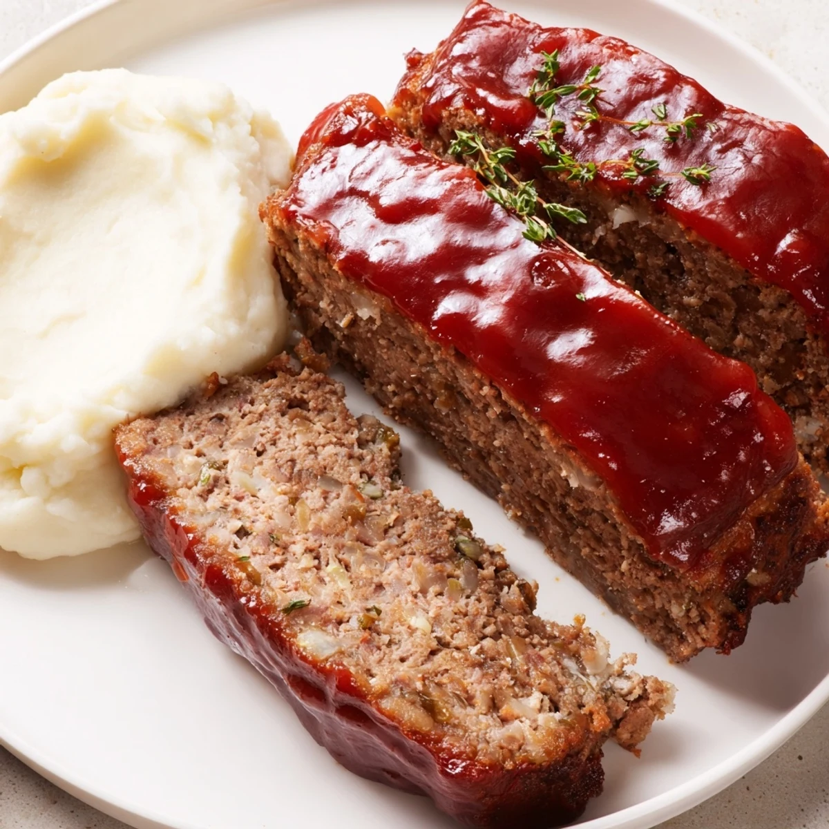 Tender Classic Meatloaf & Mashed Potatoes with a glossy glaze, served with creamy, fluffy potatoes.
