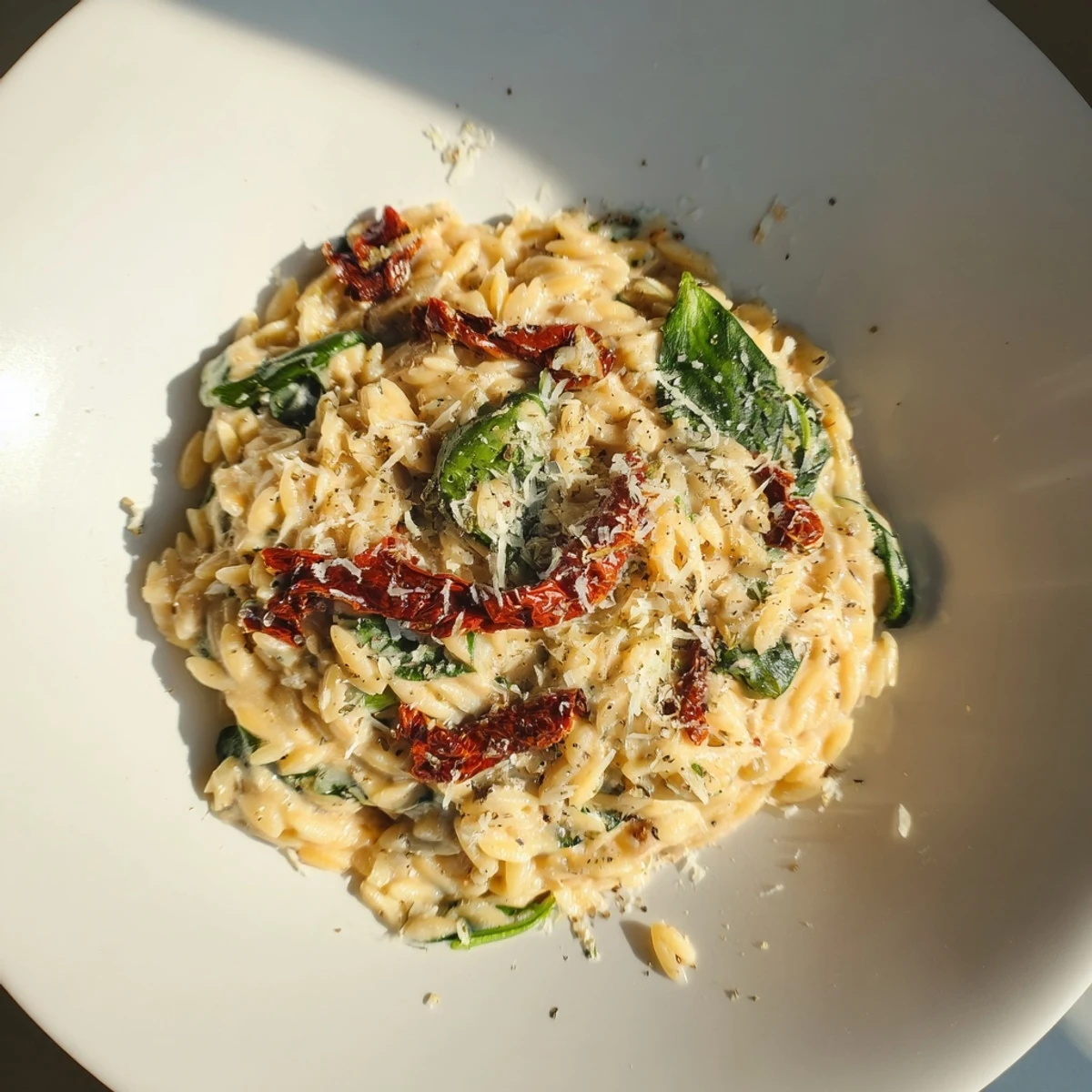 Bright and flavorful Creamy Tuscan Orzo Bowl, ready to serve, perfect for a cozy weeknight dinner.
