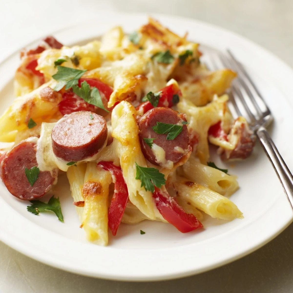 Bubbling Smoked Sausage & Cheddar Pasta Bake topped with melted cheese, ready to serve and enjoy.