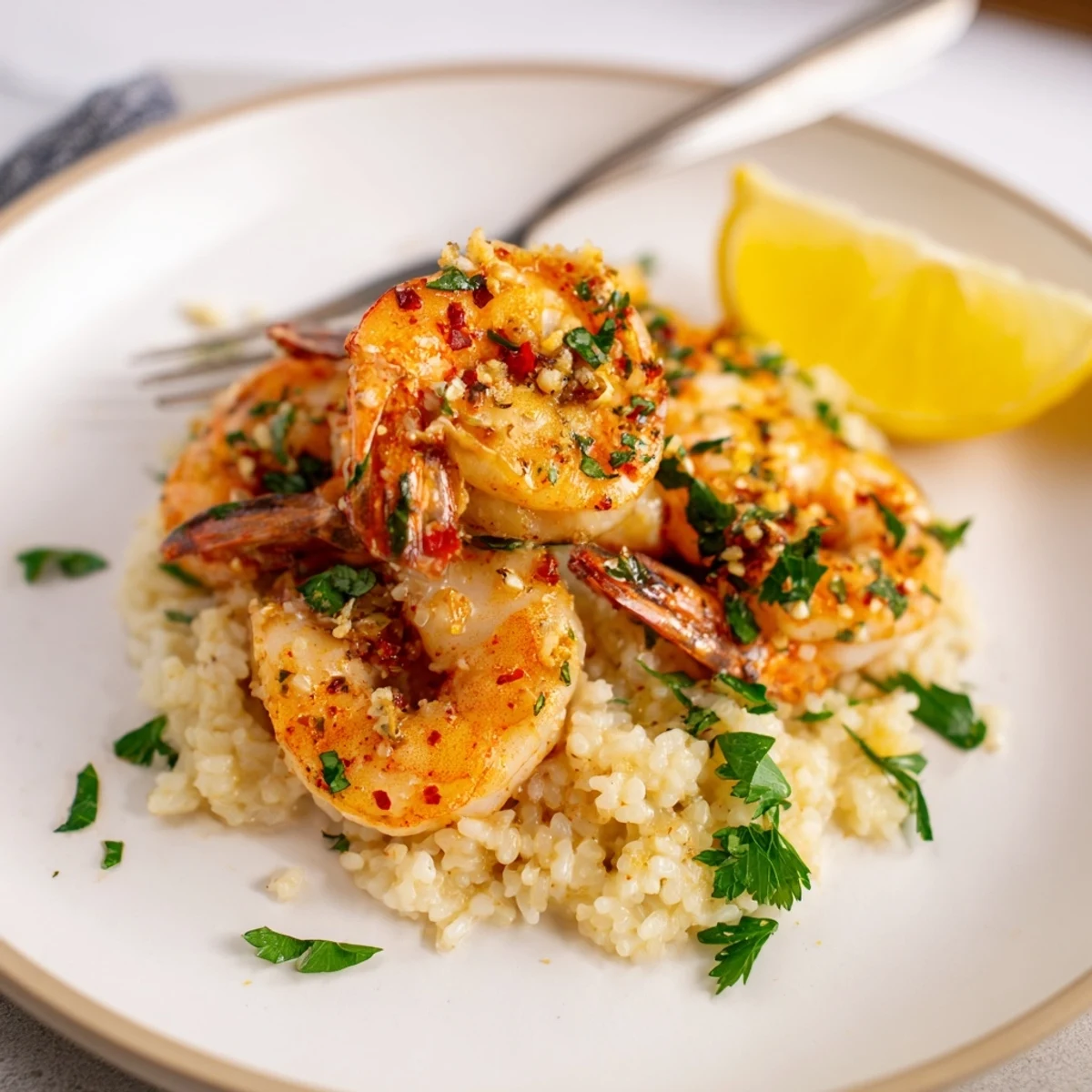 Golden garlic butter shrimp rice bowl glistens, served hot with fresh parsley and lemon wedges.
