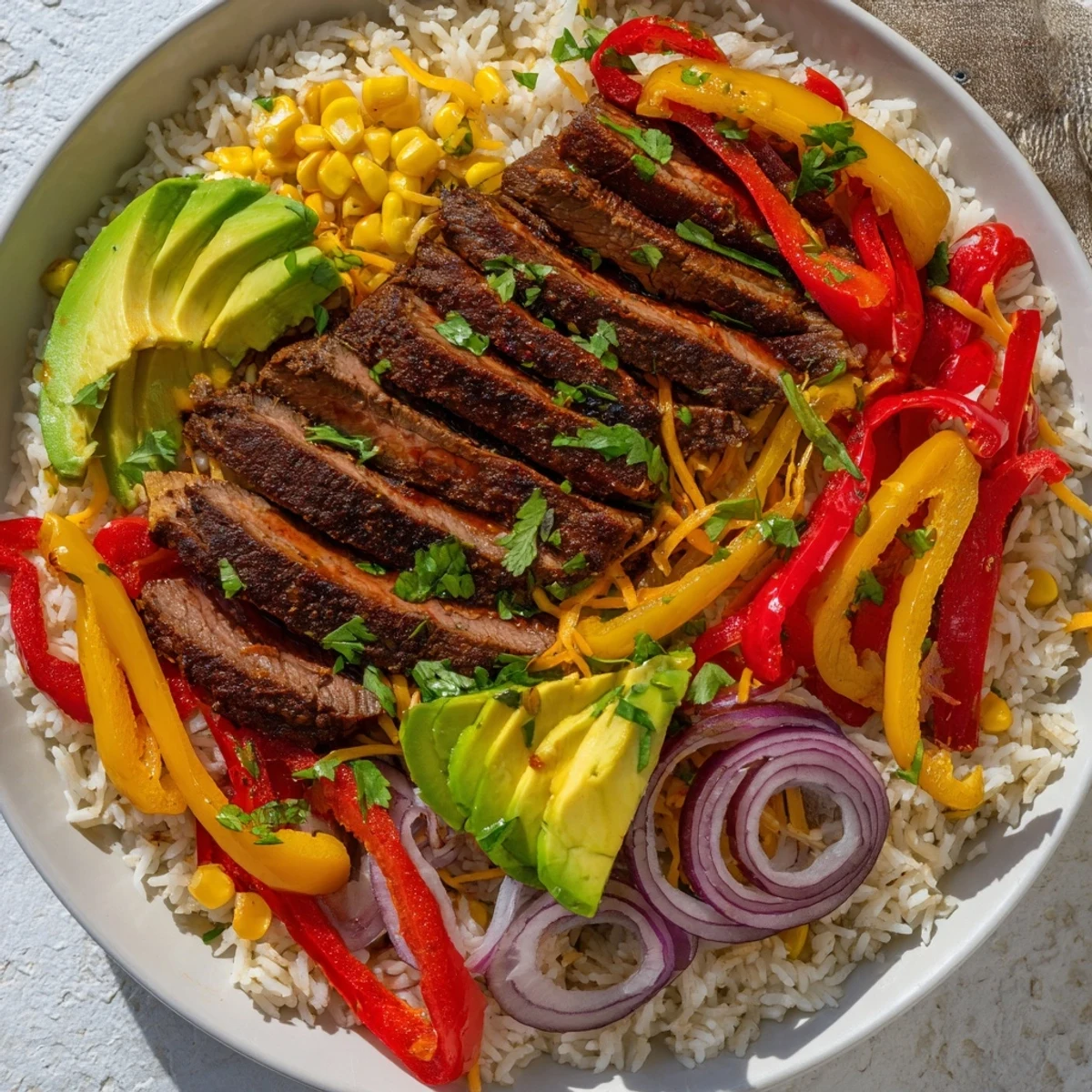 A colorful BBQ Steak Fajita Bowl with tender steak, peppers, and fluffy rice, garnished with fresh toppings.