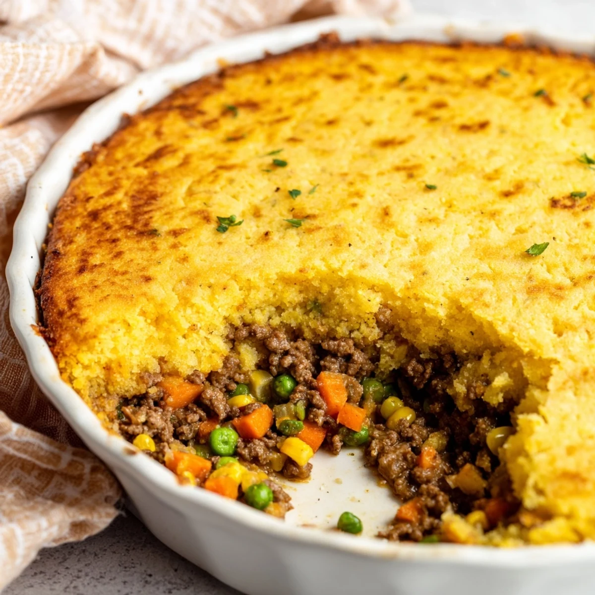 Golden brown cornbread crust tops a bubbling pot of Cornbread Crusted Beef Pie, ready to serve.