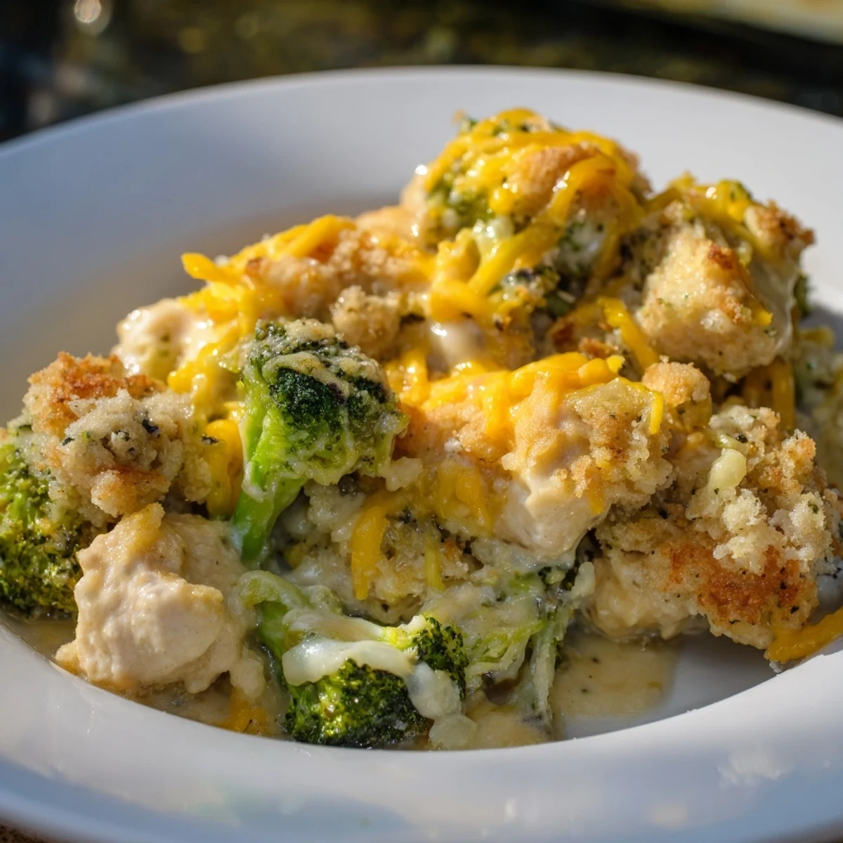 Golden, bubbling Cheddar Broccoli Chicken Bake, perfect for a hearty, comforting family supper.