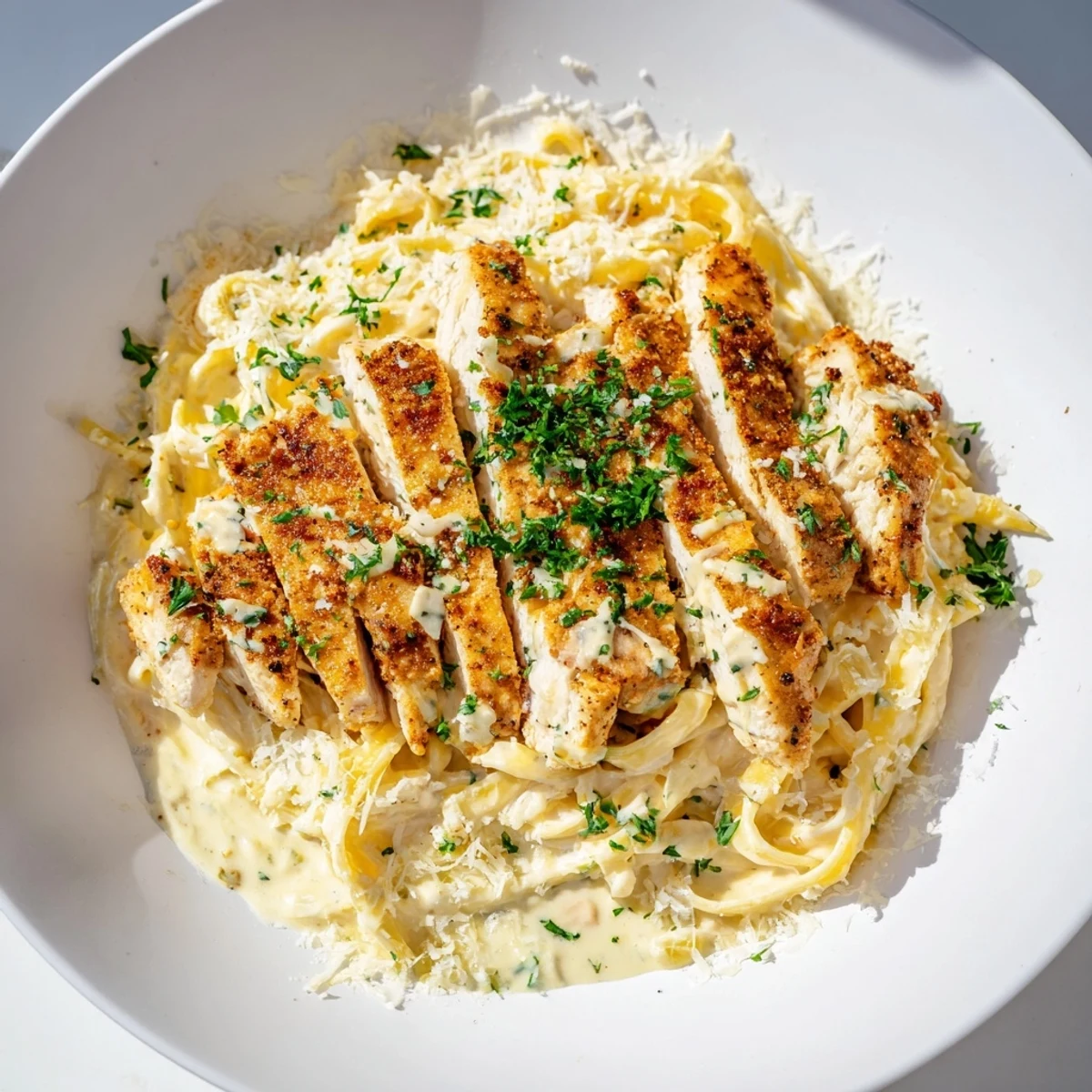 Close-up of Spicy Cajun Chicken Alfredo: a rich, flavorful pasta dish with visible seasonings.