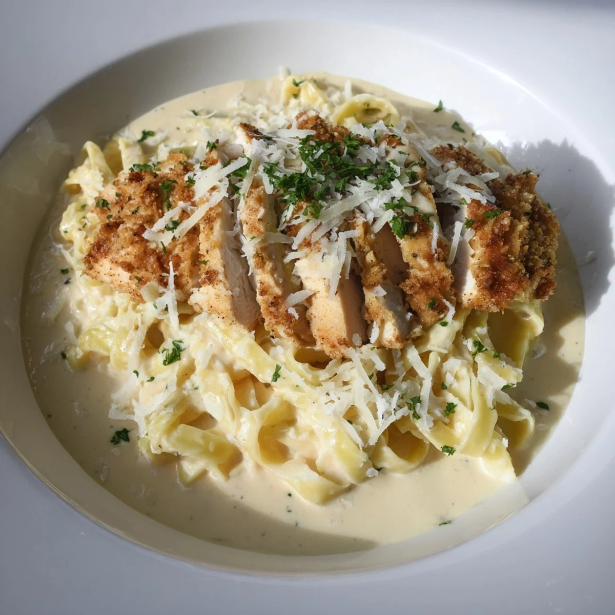 Delicious Spicy Cajun Chicken Alfredo with vibrant parsley garnish, ready to enjoy with a glass of wine.
