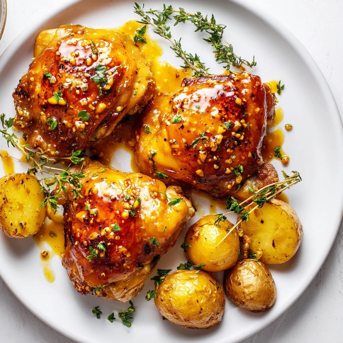 Golden-brown honey mustard chicken thighs alongside crisp roasted potatoes, a comforting, flavorful meal perfectly cooked.