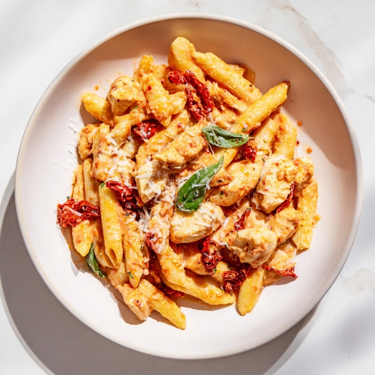 Creamy Tomato Basil Chicken Pasta glistening with a rich, vibrant tomato sauce, ready to savor.