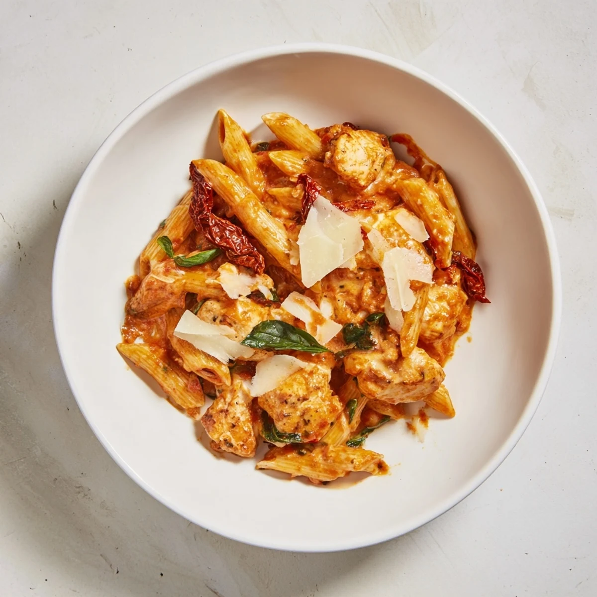 Close-up of Creamy Tomato Basil Chicken Pasta, showing tender chicken and fresh basil, inviting your appetite.
