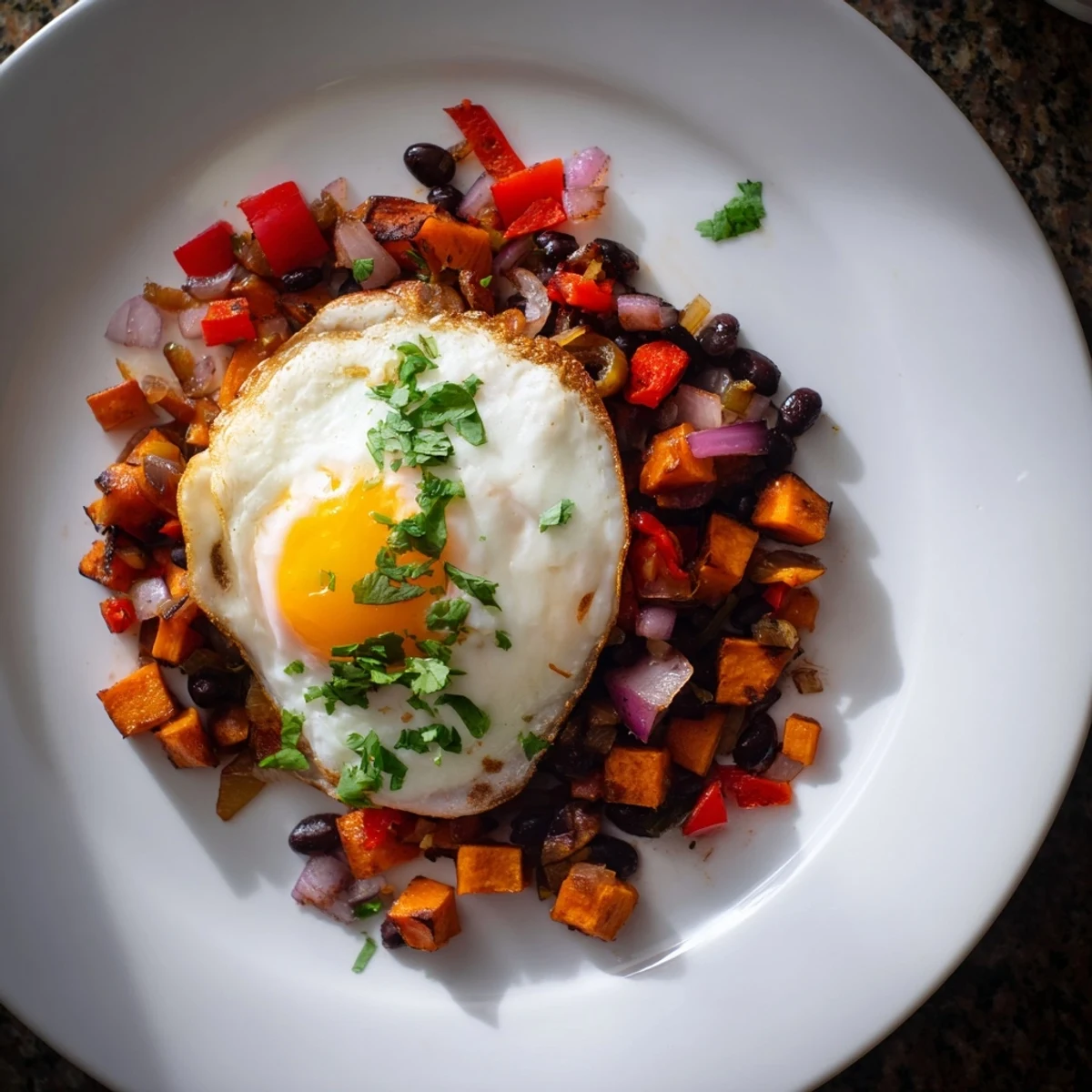 A hearty, gluten-free Sweet Potato & Black Bean Breakfast Hash, ready for a delicious brunch.