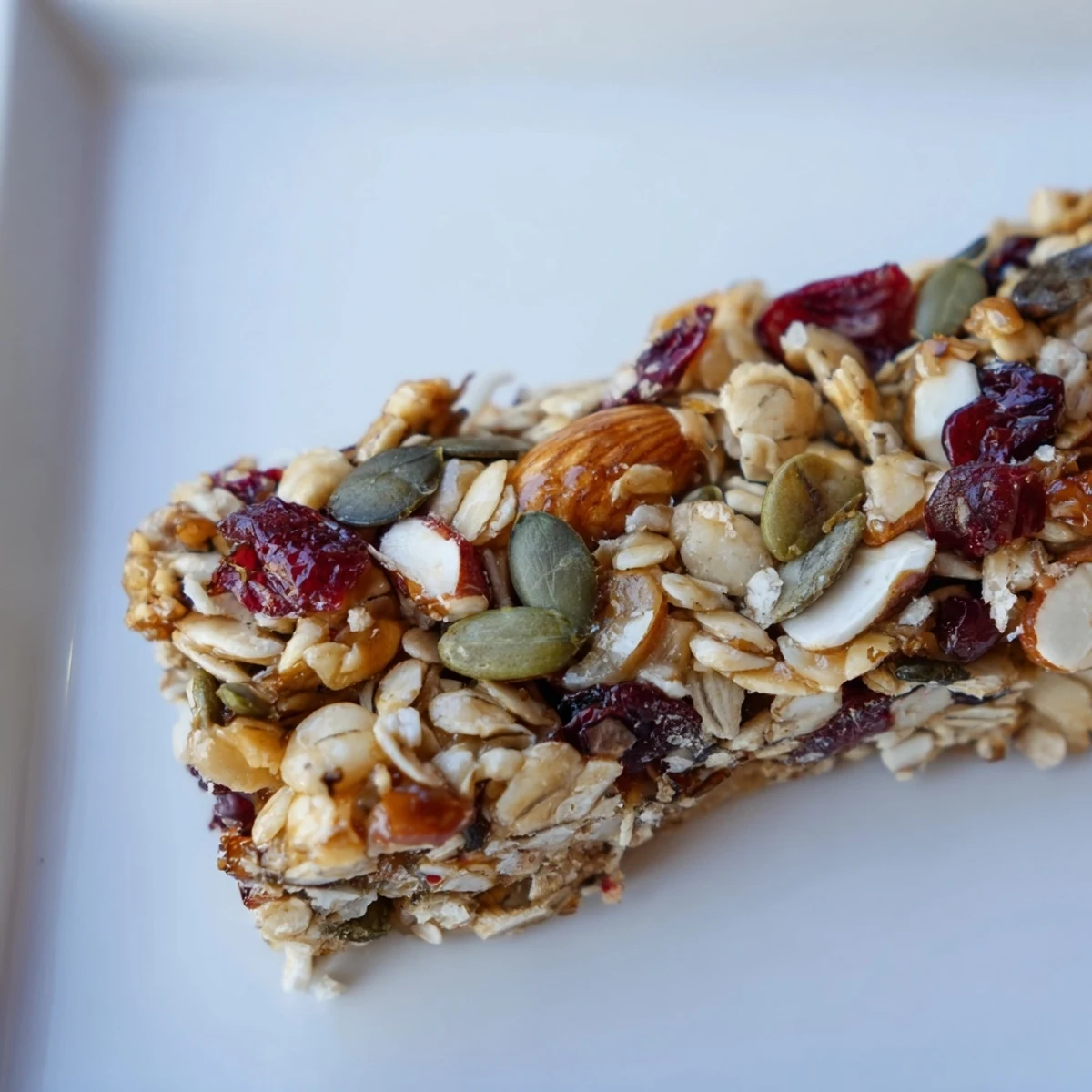 Golden-brown roasted pumpkin seed & cranberry granola bars, perfect for a quick and healthy breakfast.