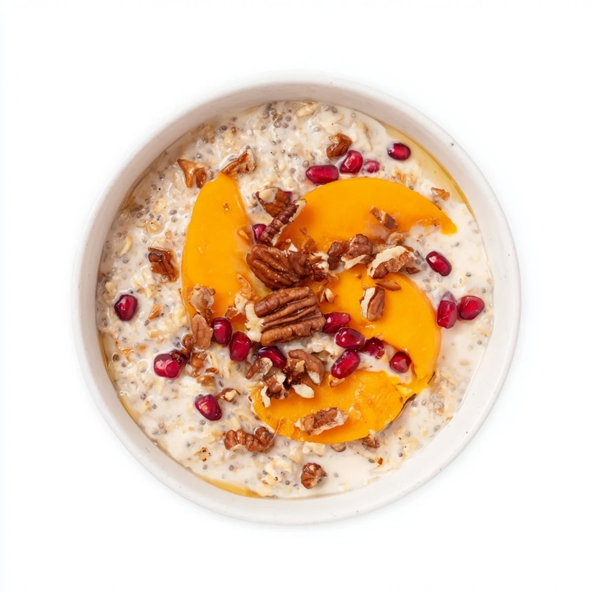 Showcasing a close-up of delicious overnight oats; persimmon, pomegranate, and chia seeds create a beautiful, layered texture.