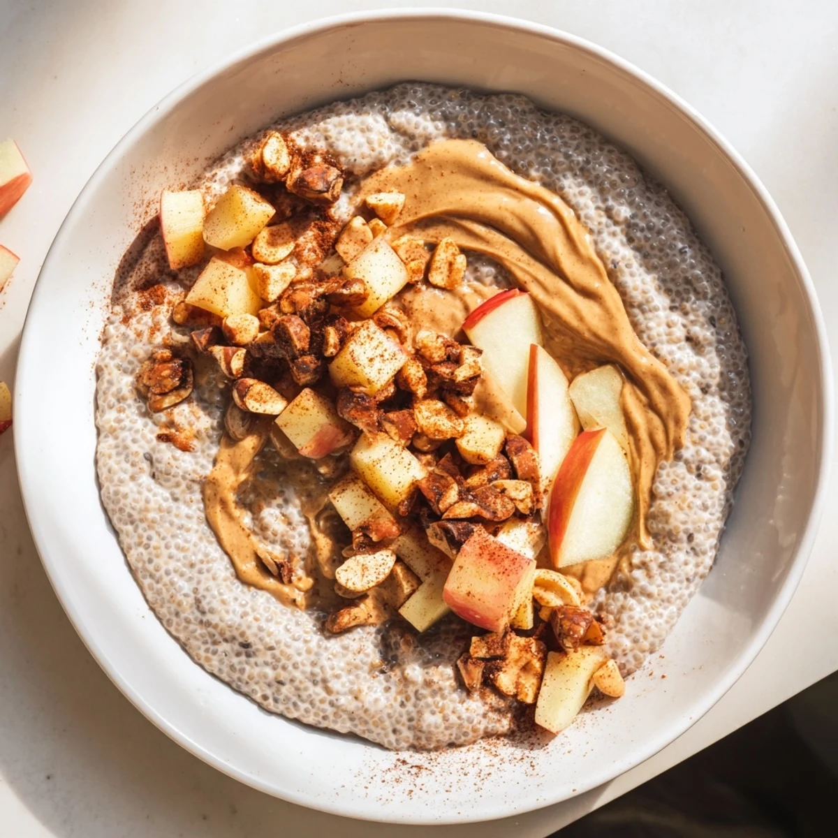 Creamy Apple-Chia Pudding with peanut butter swirls, fresh apple chunks, and sprinkled peanuts in a glass.