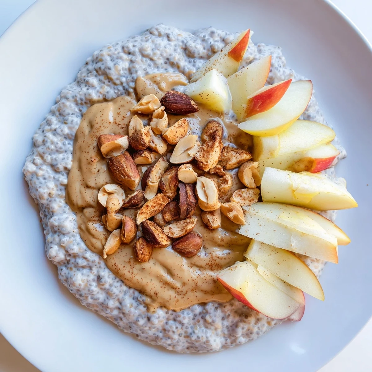 Quick and easy Apple-Chia Pudding, perfect for breakfast: a healthy snack with peanut butter flavor.