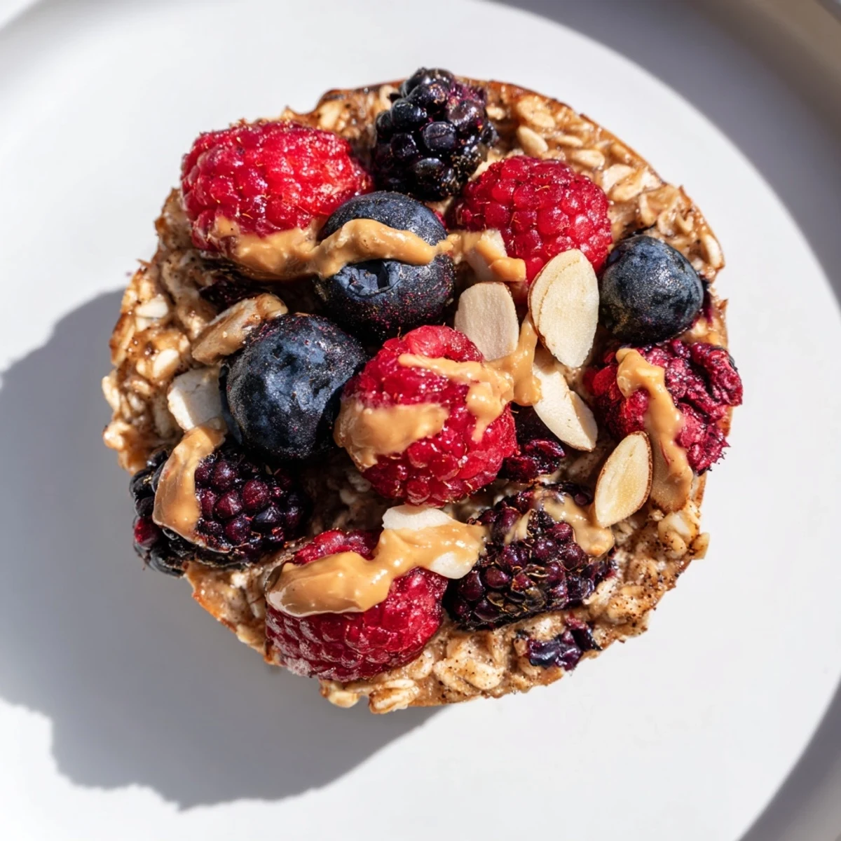 Warm baked oatmeal cups filled with colorful winter berries and drizzled with creamy almond butter.