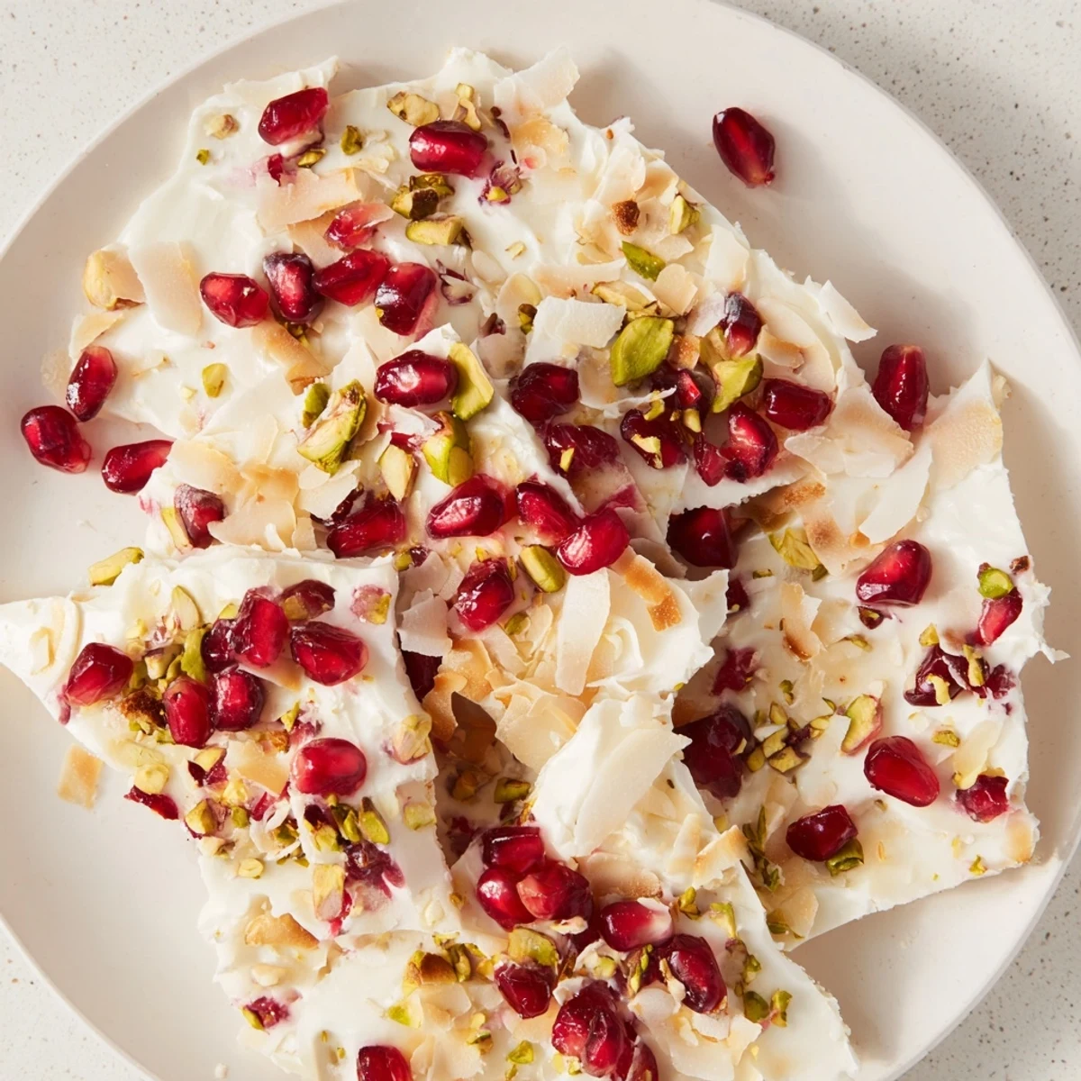 Homemade Frozen Yogurt Bark topped with glistening pomegranate seeds and chopped pistachios, ready to serve.
