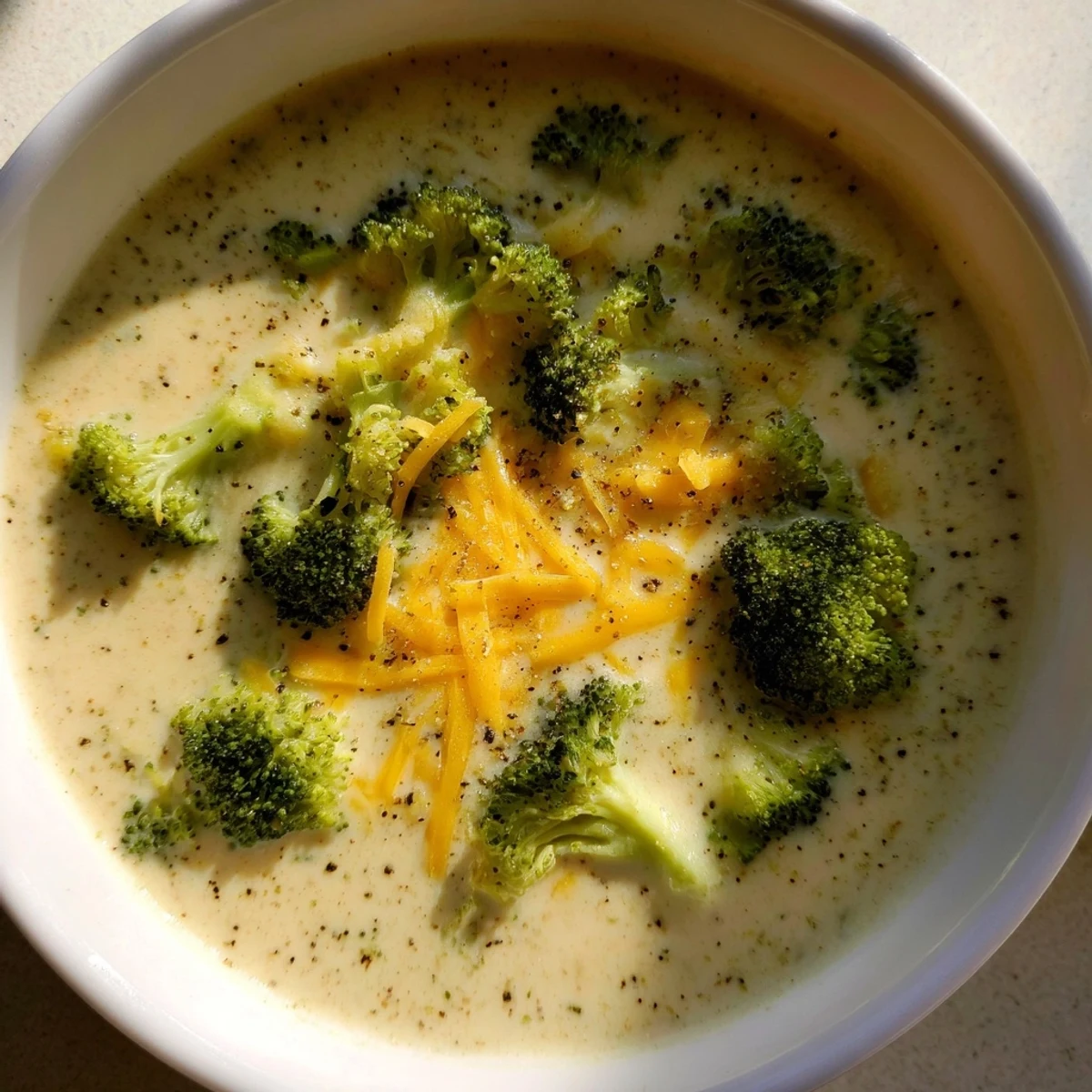 A steaming bowl of broccoli cheese soup, creamy and flavorful, ready to warm you.
