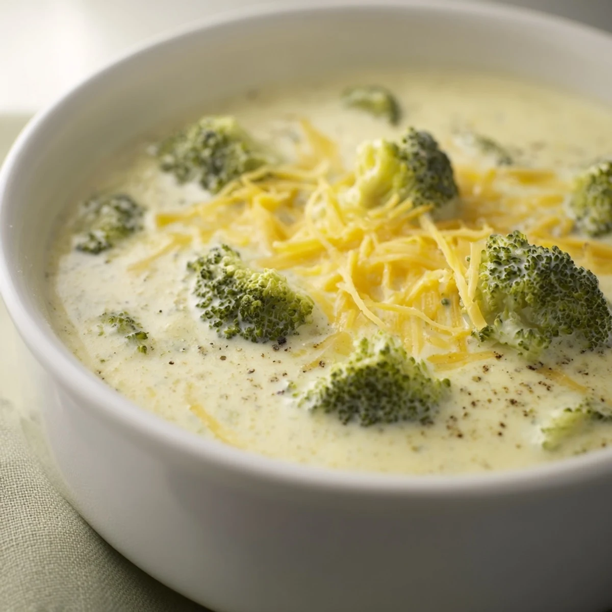 Homemade broccoli cheese soup, pictured with melted cheese, offers a comforting, savory experience.
