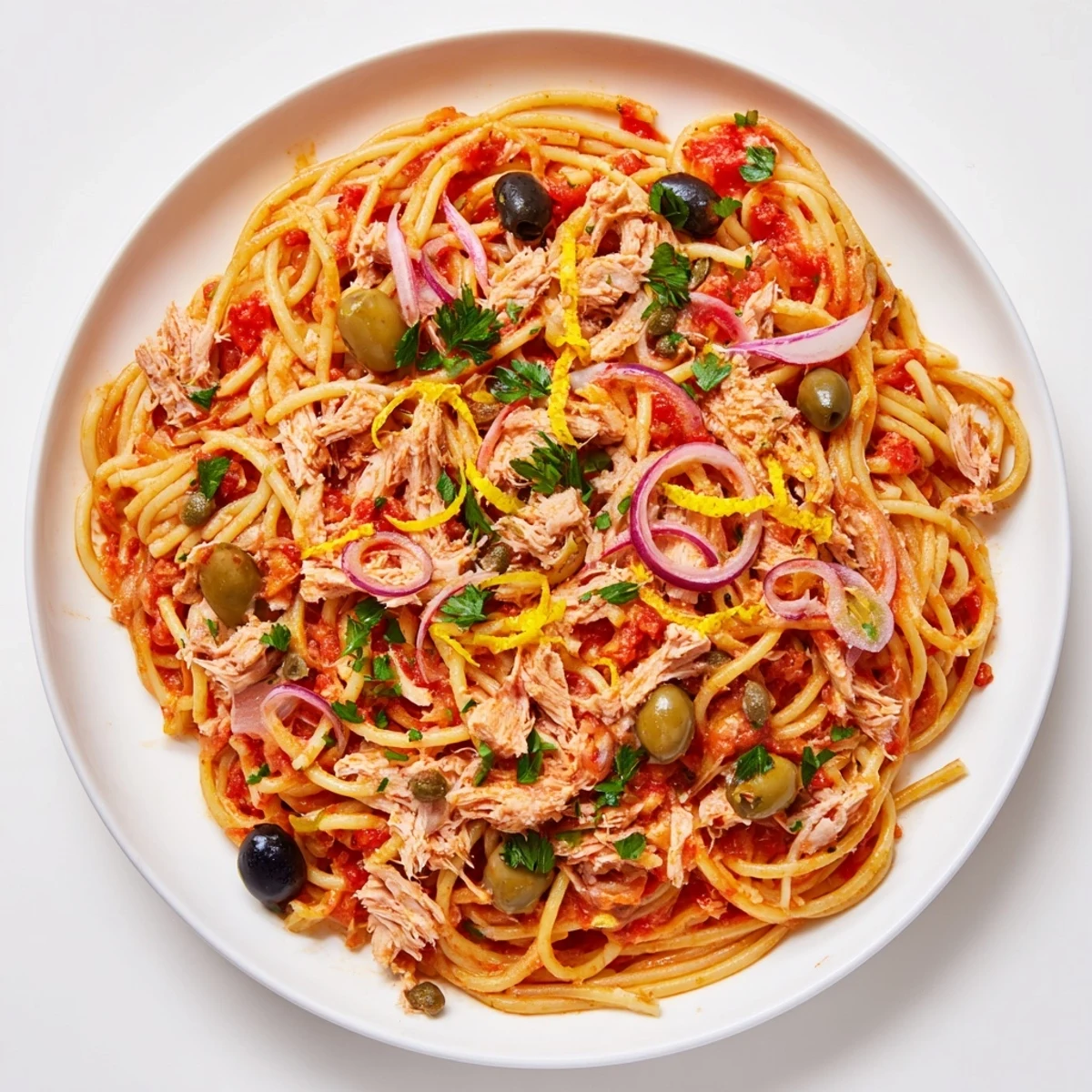 A steaming bowl of pasta with tuna, olives, and capers, ready to be enjoyed.