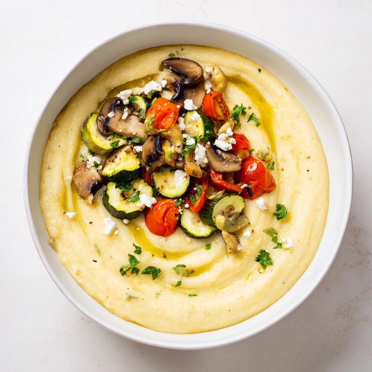 Enjoy this comforting bowl of Cornmeal Mush Polenta, topped with flavorful sauteed mushrooms and a drizzle of olive oil.