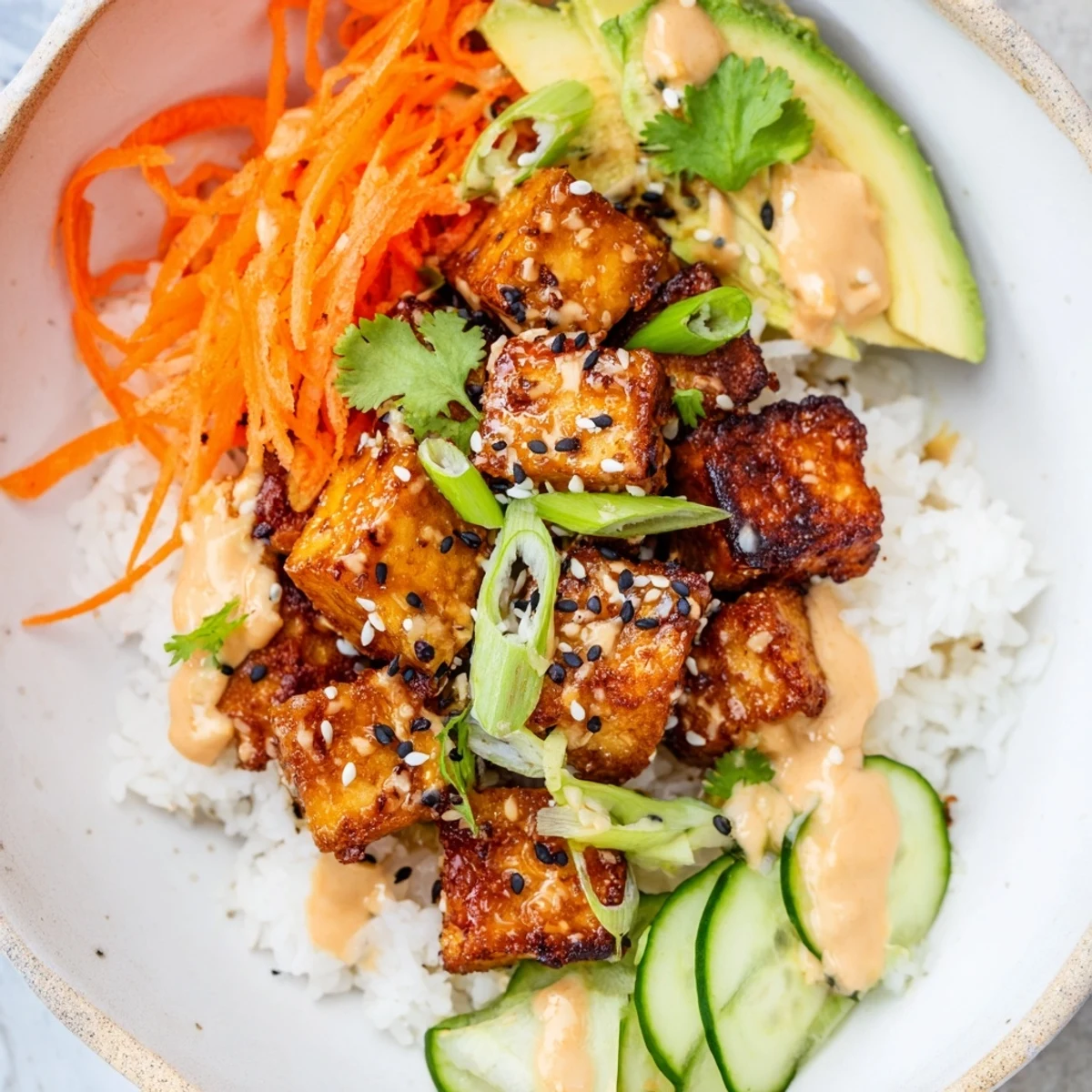 Crispy chili-mayo baked tofu bowls, a flavorful vegetarian meal with fresh vegetables and rice.