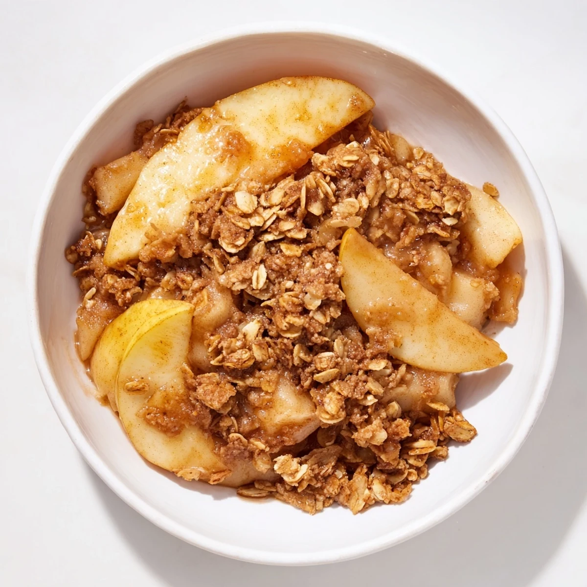 Warm apple crisp with a golden, baked oat topping, ready for serving after baking.