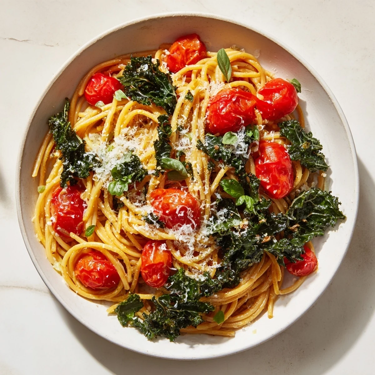 Steaming one-pot spaghetti with kale and tomatoes, plated and ready to enjoy with fresh basil.