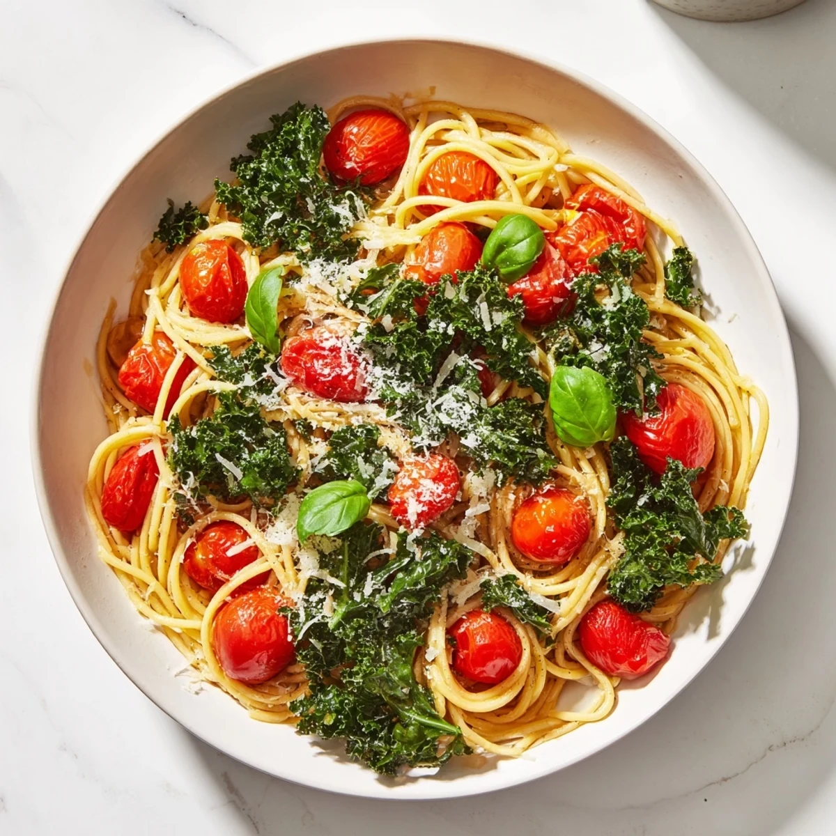 A delicious, comforting bowl of one-pot spaghetti, bursting with vibrant tomatoes and fresh kale.
