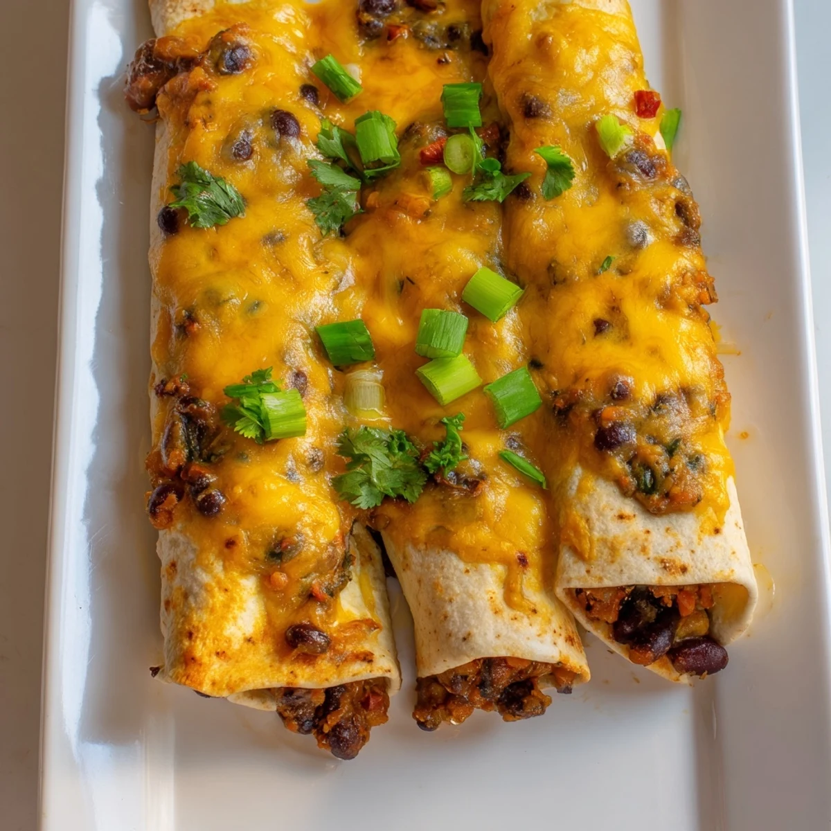 Warm and flavorful Cheesy Bean Enchiladas, baked to perfection with a vibrant red enchilada sauce.