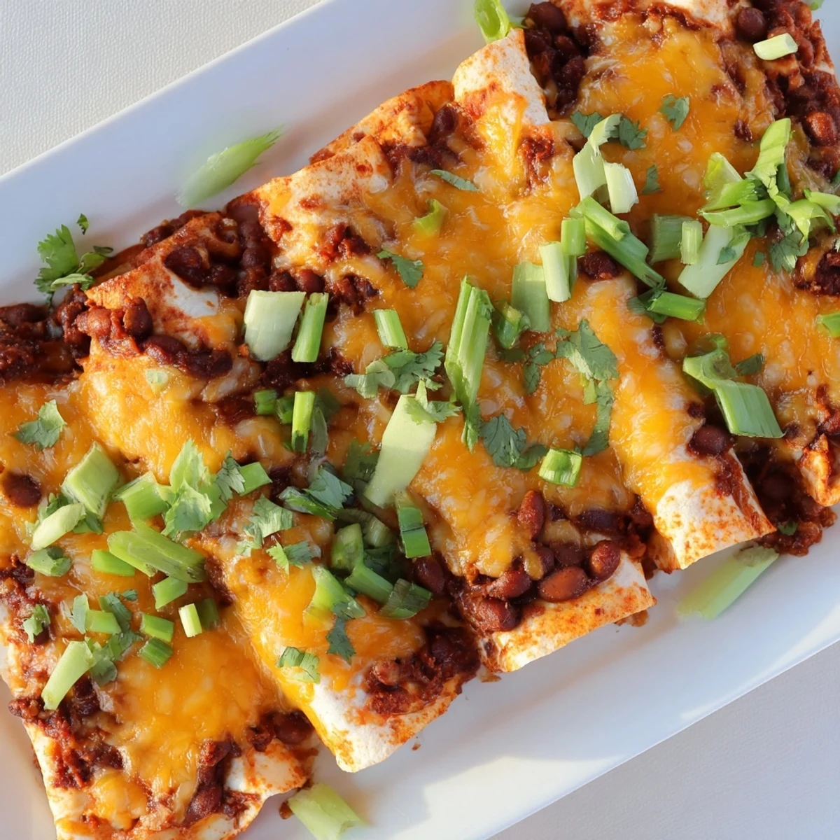 Freshly garnished Cheesy Bean Enchiladas, a hearty vegetarian main dish filled with beans and melted cheese.
