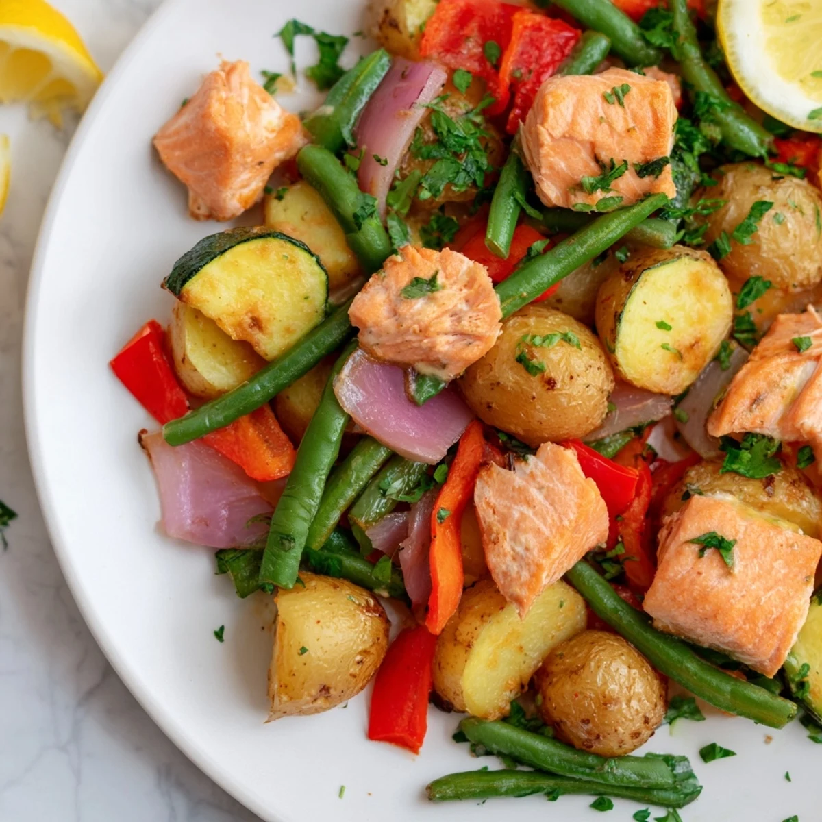 Golden potatoes and flaky salmon pieces sizzle in this delicious Salmon & Potato Skillet recipe.