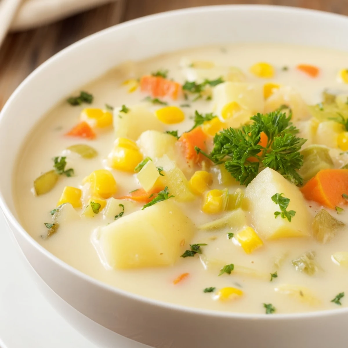 Creamy Corn & Potato Chowder garnished with fresh herbs and optional bacon, perfect for a cozy, delicious meal.