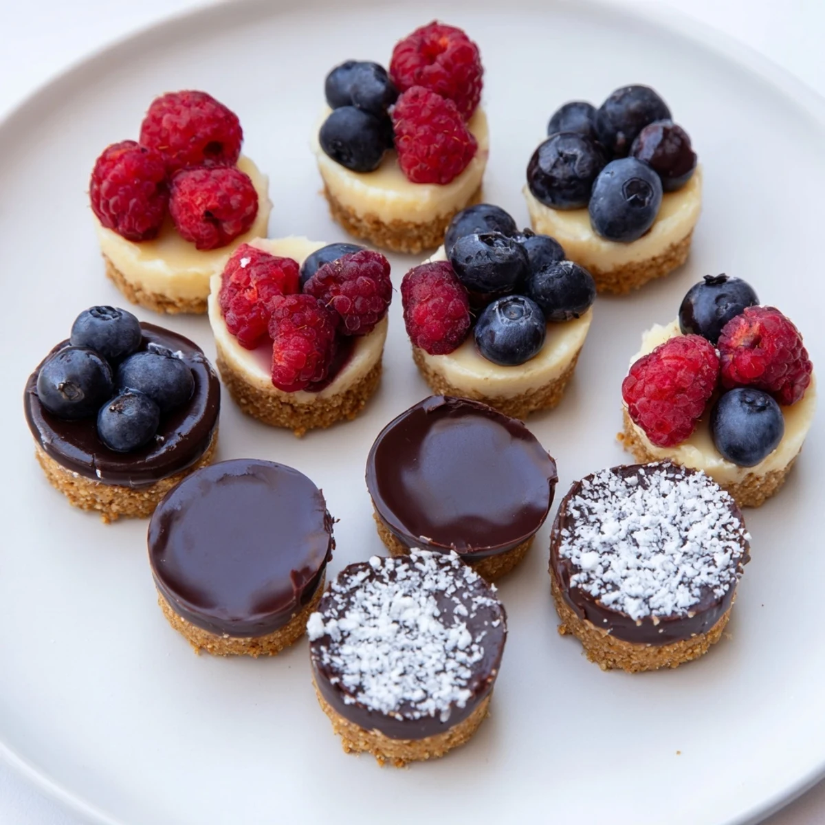 A beautiful trio of Mini Dessert Bites: cream cheese cheesecakes, chocolate, and lemon curd tarts.