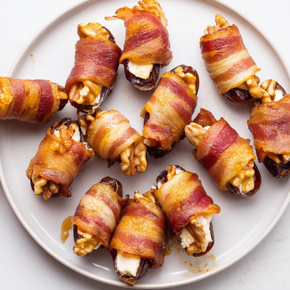 Crispy bacon wrapped dates stuffed with creamy cheese and walnuts, perfect bite-sized appetizer.