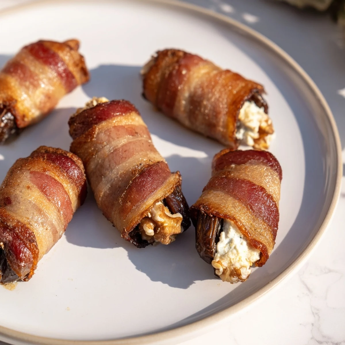 A close-up shot of golden-brown bacon wrapped dates, each filled with cheese and walnut.