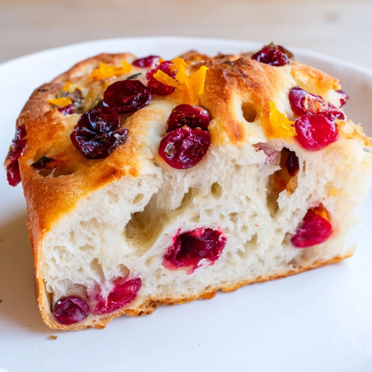 A close-up of a rustic Cranberry Orange No-Knead Focaccia, showing a soft interior and crispy crust.
