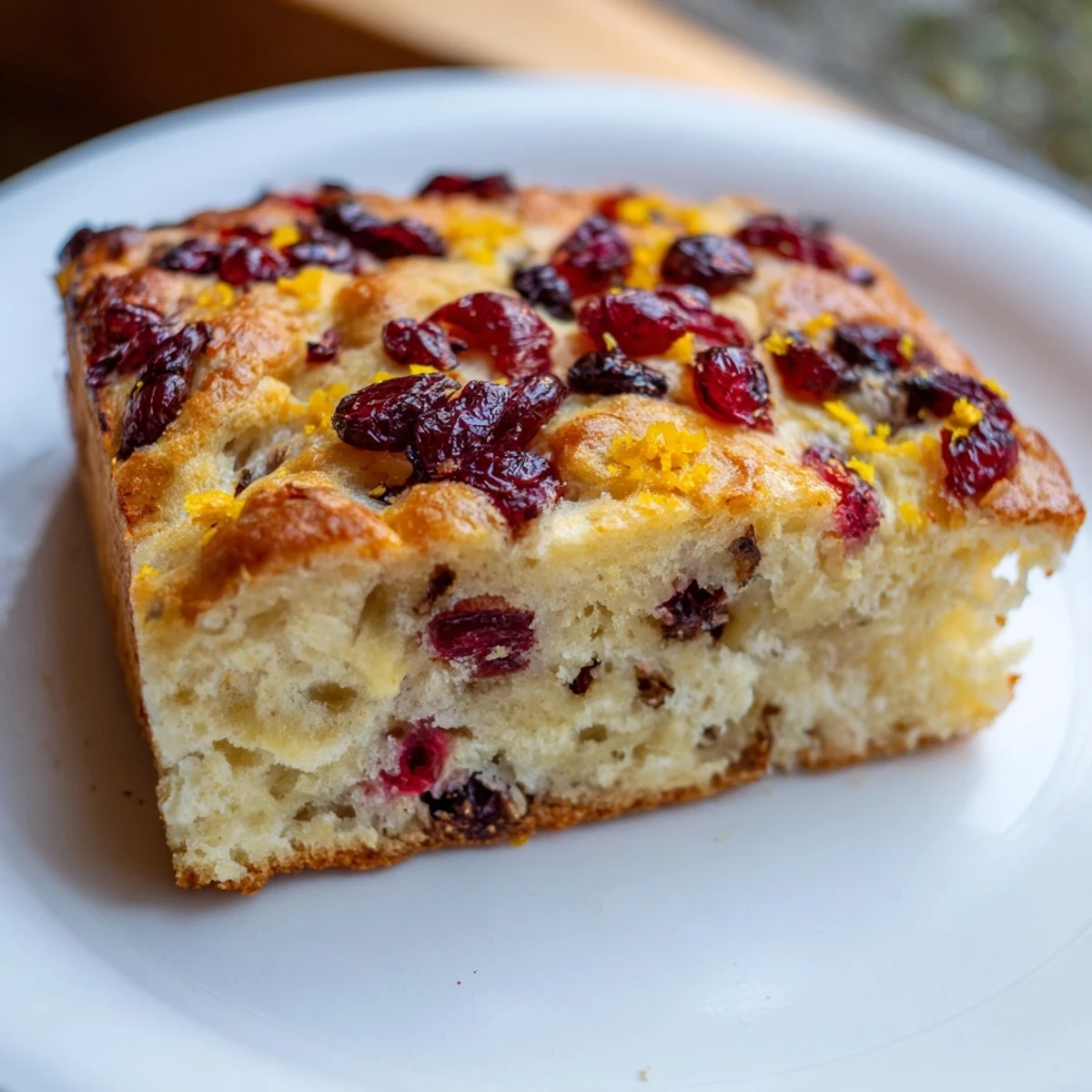 Freshly baked Cranberry Orange No-Knead Focaccia, glistening with olive oil and ready for a delicious breakfast.