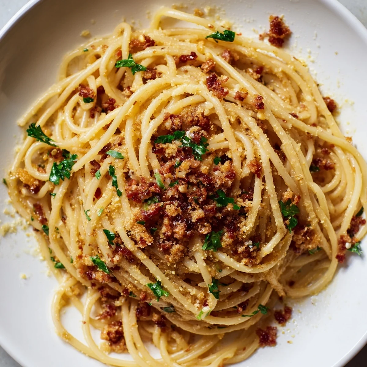 Golden bowl of Garlic Butter Pasta with Crispy Bacon, garnished with fresh parsley and Parmesan.