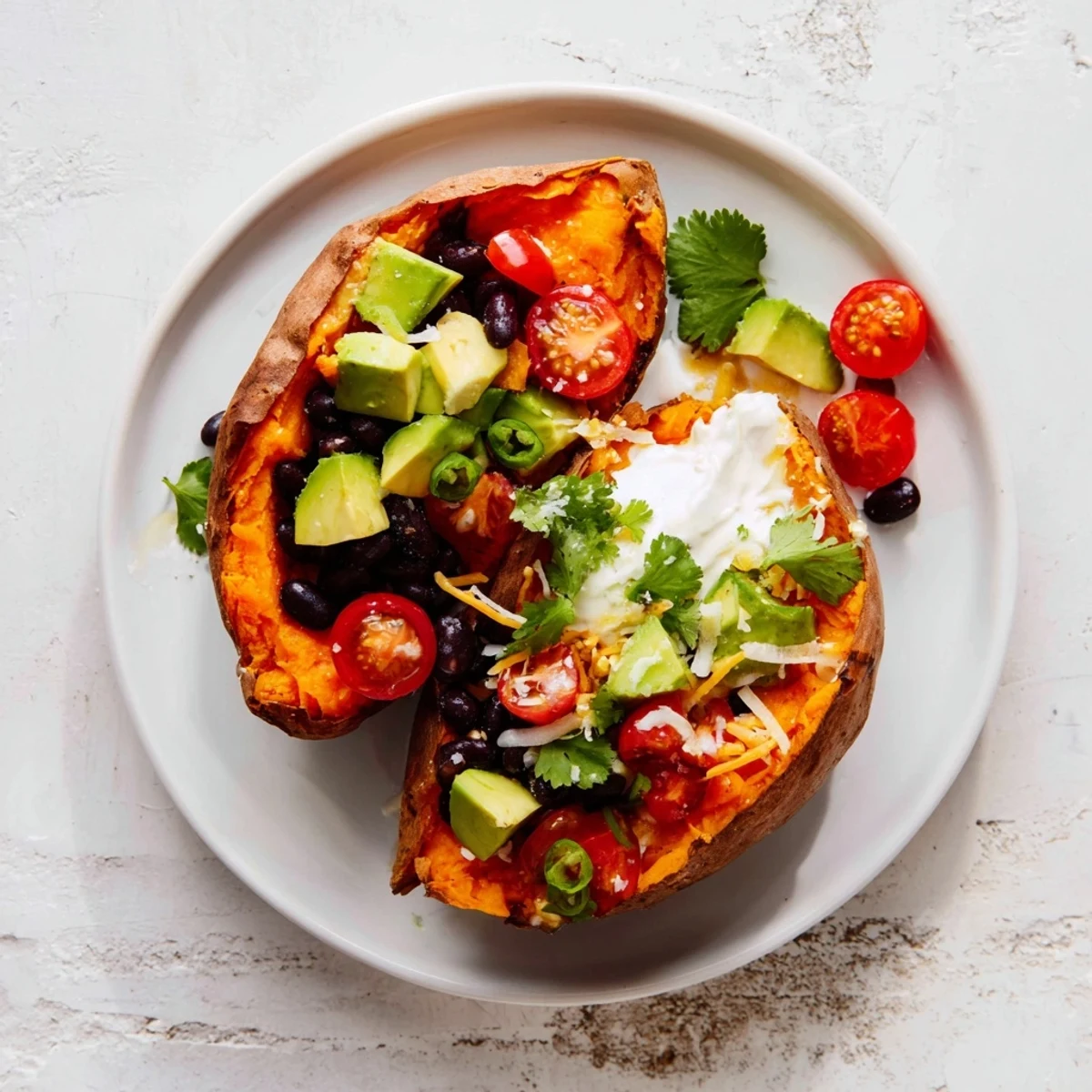 Golden brown Loaded Baked Sweet Potatoes, brimming with flavorful black beans and fresh toppings, ready to enjoy.