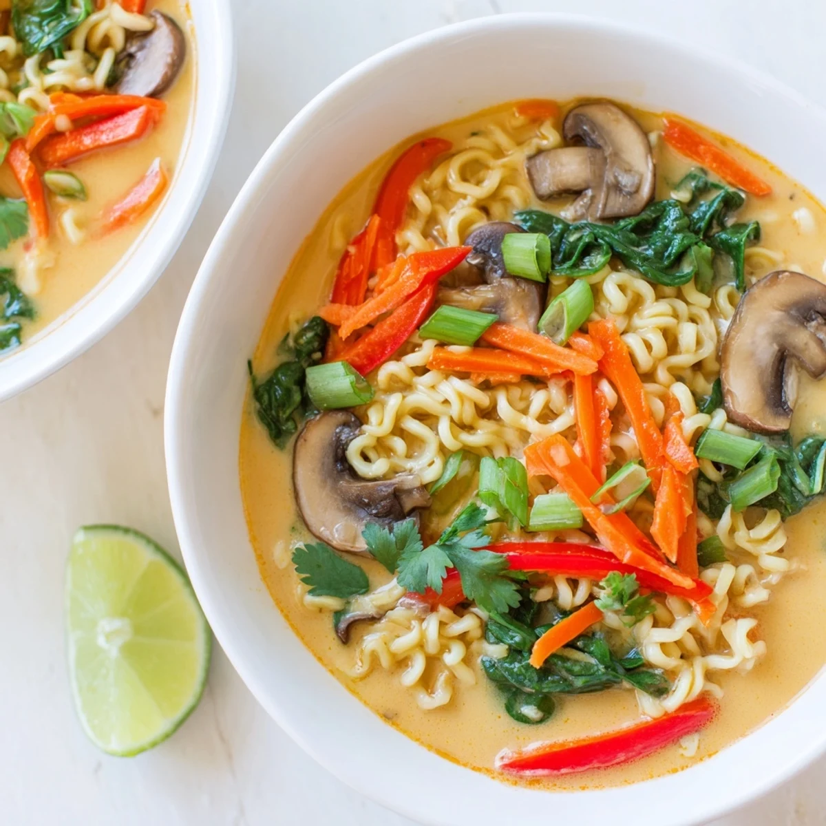 Steaming bowl of Curry Coconut Ramen, ready to eat, garnished with cilantro and lime wedges.