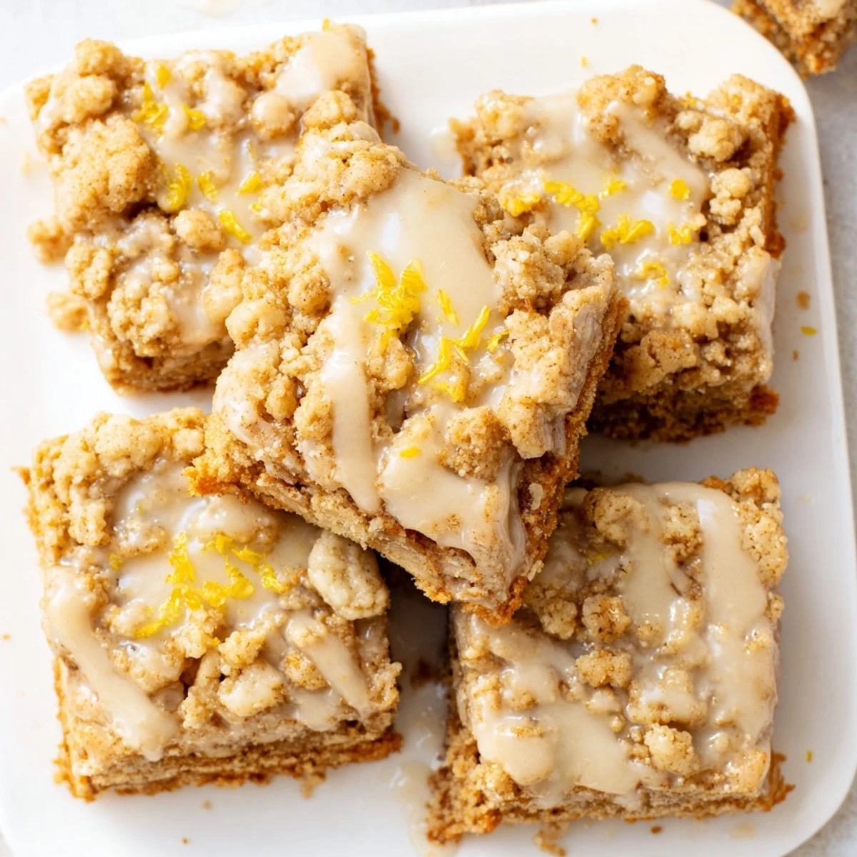Warm, spiced Lemon-Glazed Gingerbread Crumble Bars, a perfect dessert ready to be enjoyed with tea.